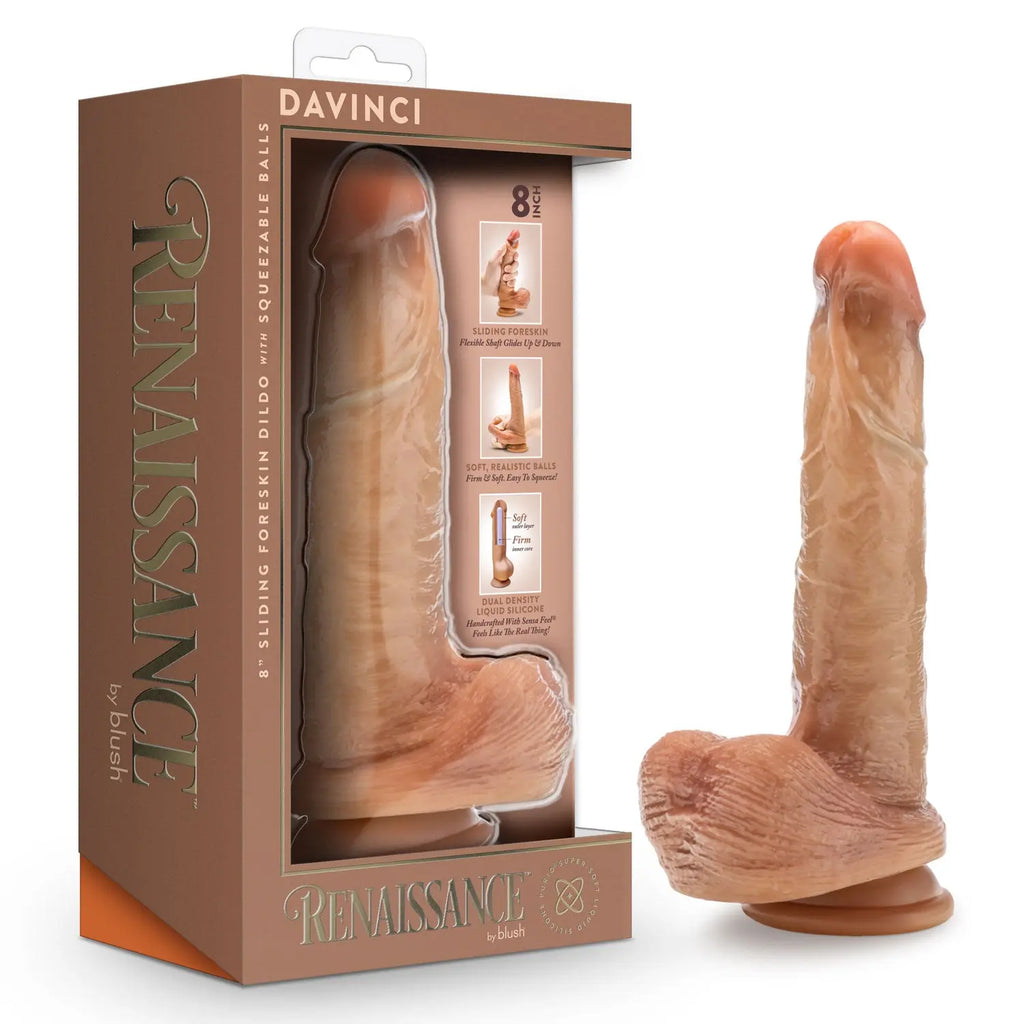 Renaissance - Davinci - 8 Inch Sliding Foreskin Dildo With Squeezable Balls - Tan – body-safe materials | Fu'Cha Exotics