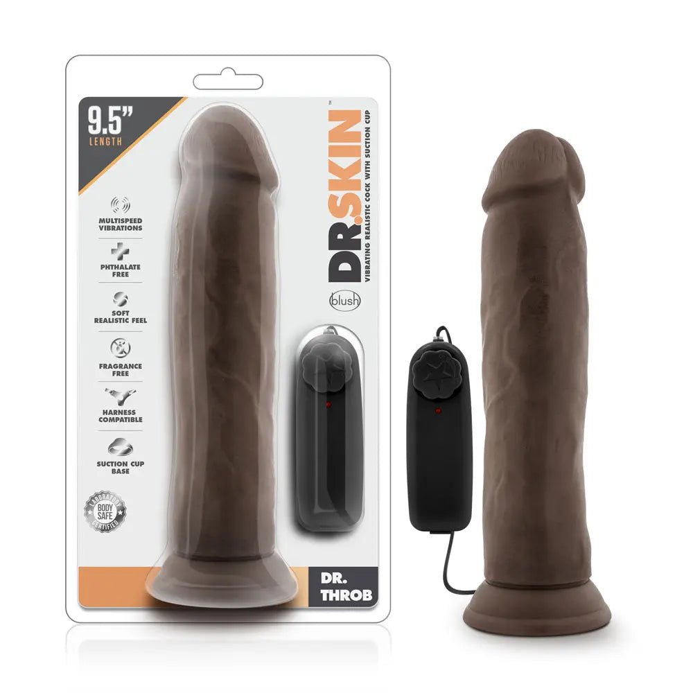 Dr. Skin - Dr. Throb - 9.5 Inch Vibrating Realistic Cock With Suction Cup - Chocolate – body-safe materials suction stimul...