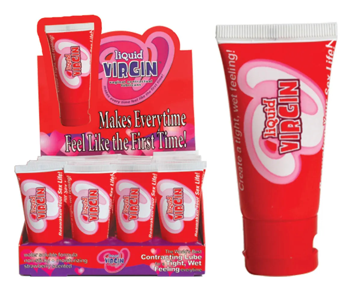 Virgin contracting lubricant tube, red squeeze container with Liquid Virgin label