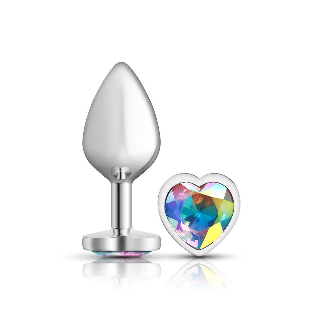Clear Iridescent Heart Gem Silver Metal Plug - Md – body-safe materials fully waterproof | Fu'Cha Exotics