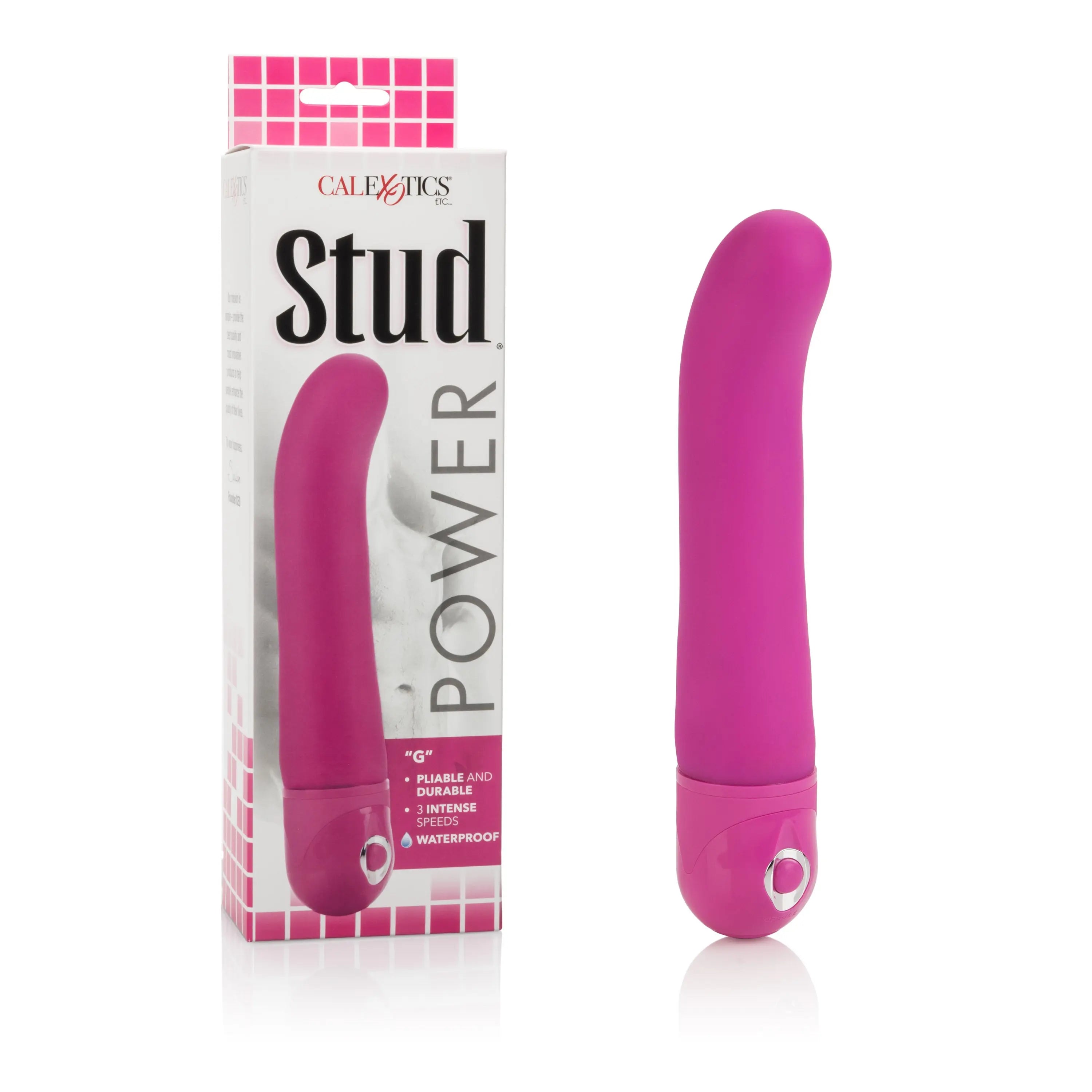 Pink curved waterproof power vibrator with smooth silicone body and small base button
