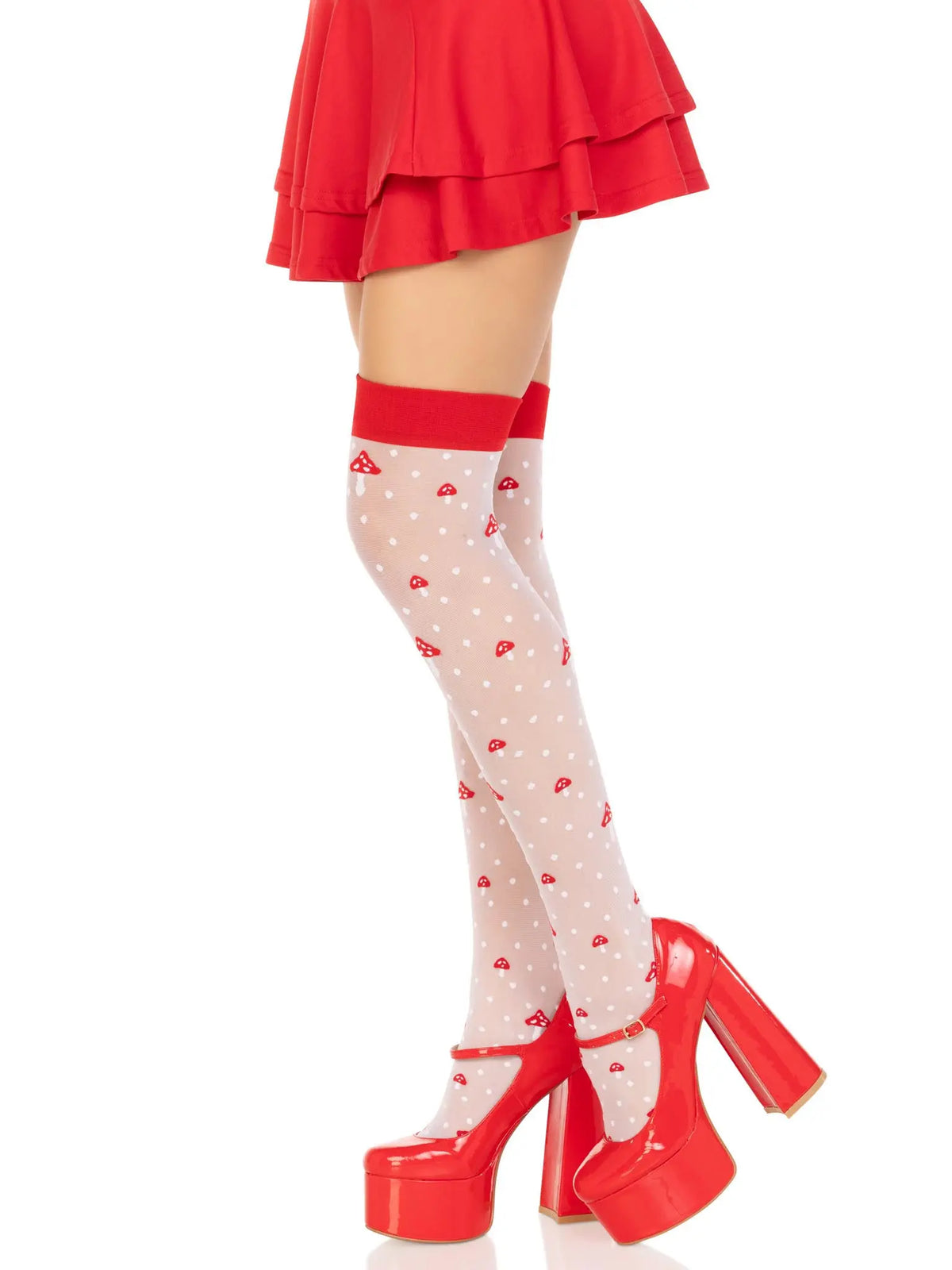 Polka Dot Mushroom Thigh High - One Size - White/red – body-safe materials | Fu'Cha Exotics