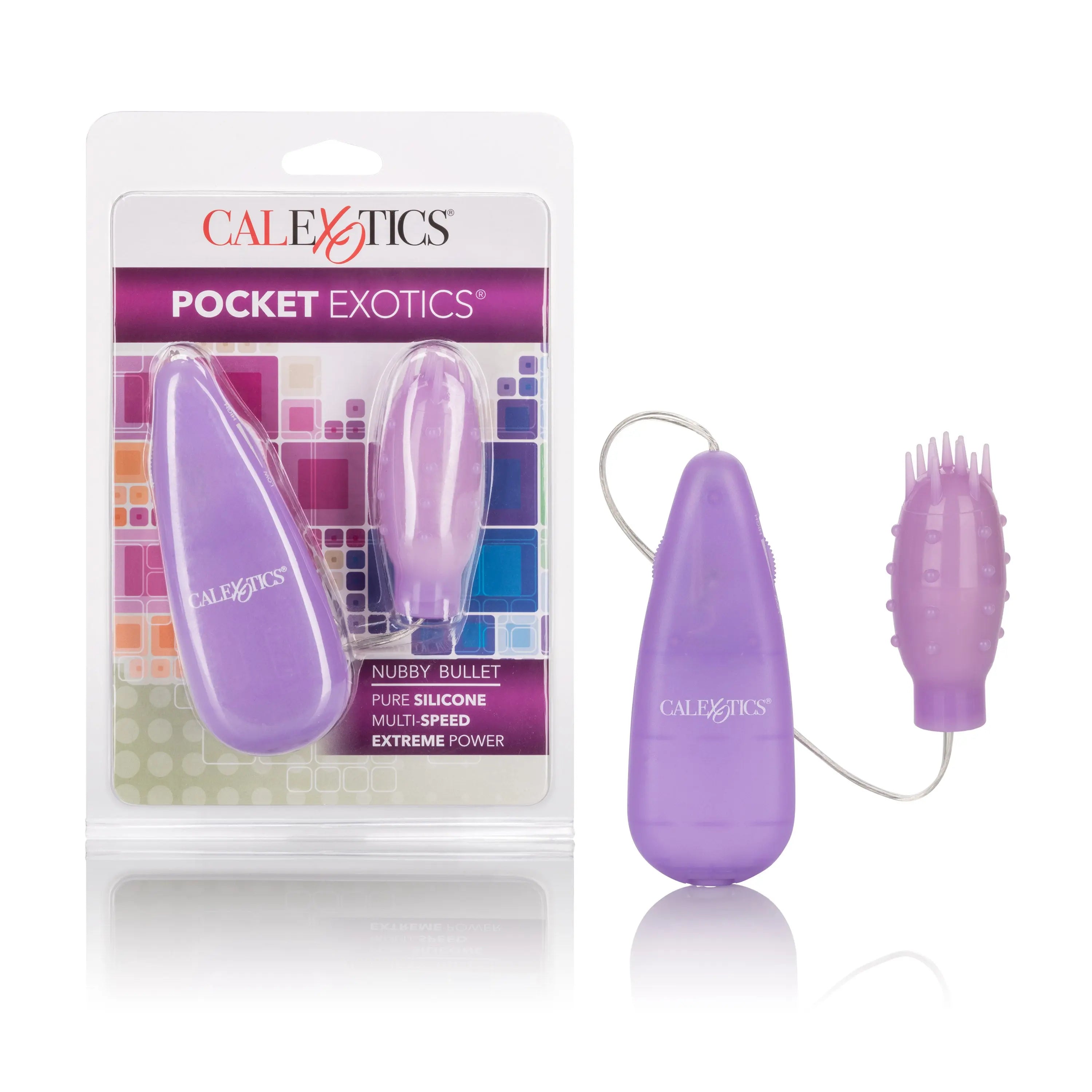 CALEXOTICS Pocket Exotics nubby bullet vibrator, purple silicone, with cord and plug