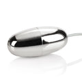 Silver bullet-style vibrating massager with glossy metal oval design and seam