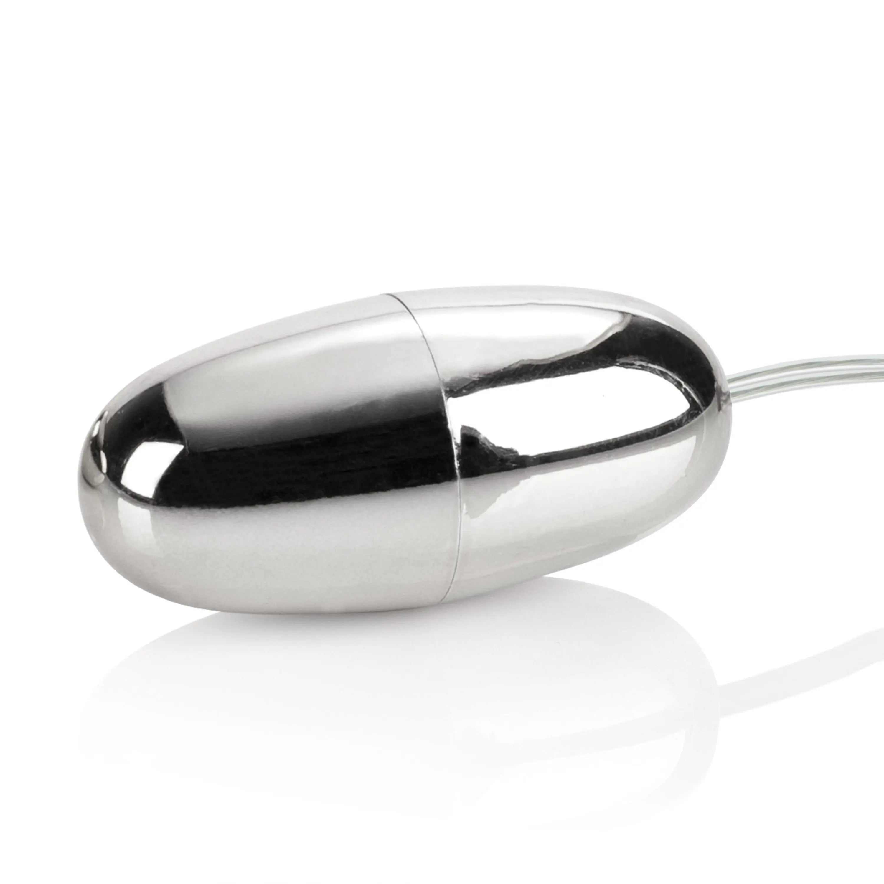 Silver bullet-style vibrating massager with glossy metal oval design and seam