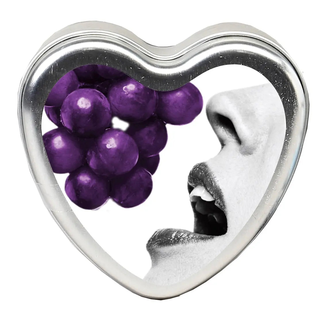Grape edible heart candle in silver heart tin with purple grape filling