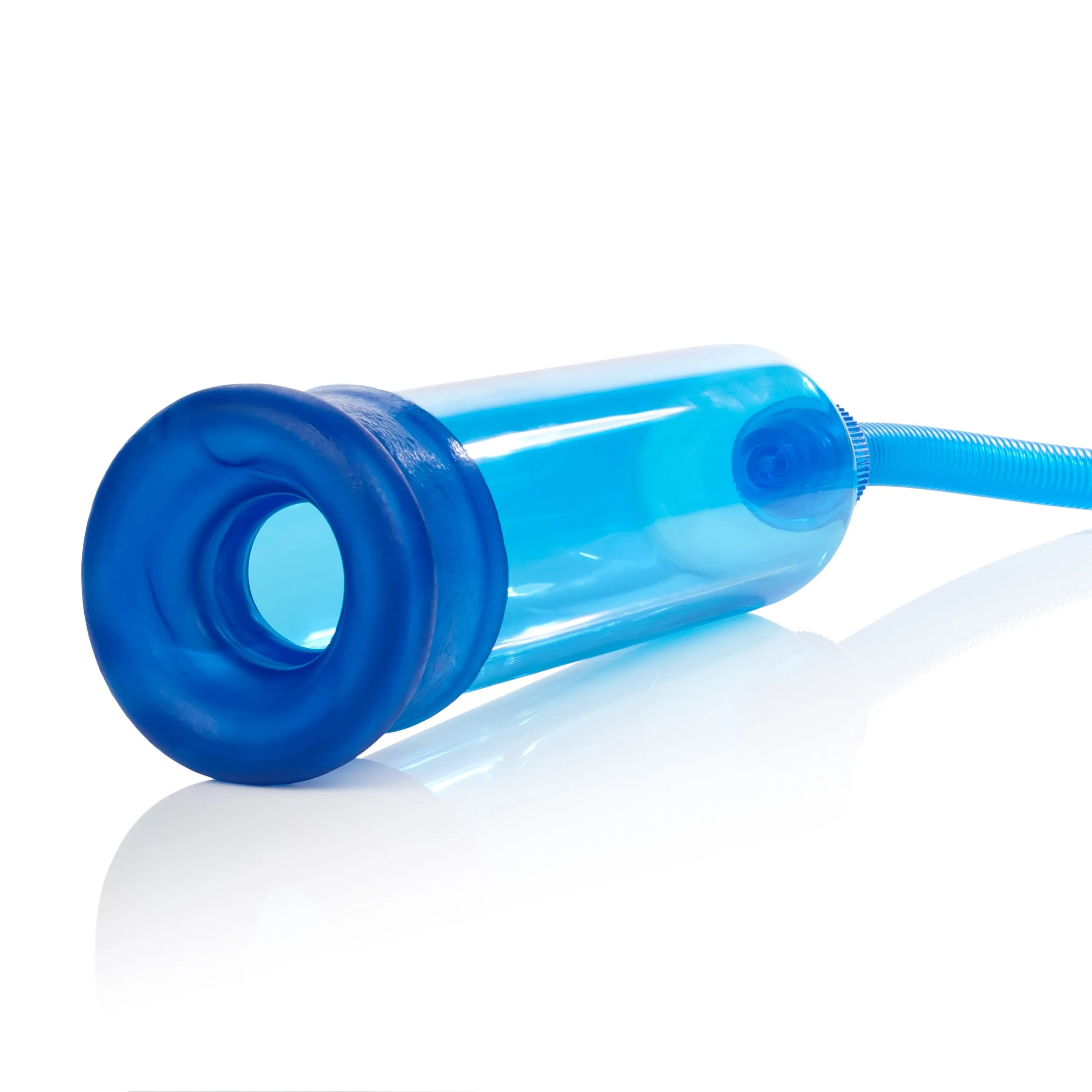 Blue transparent penis pump with circular base and attached tube