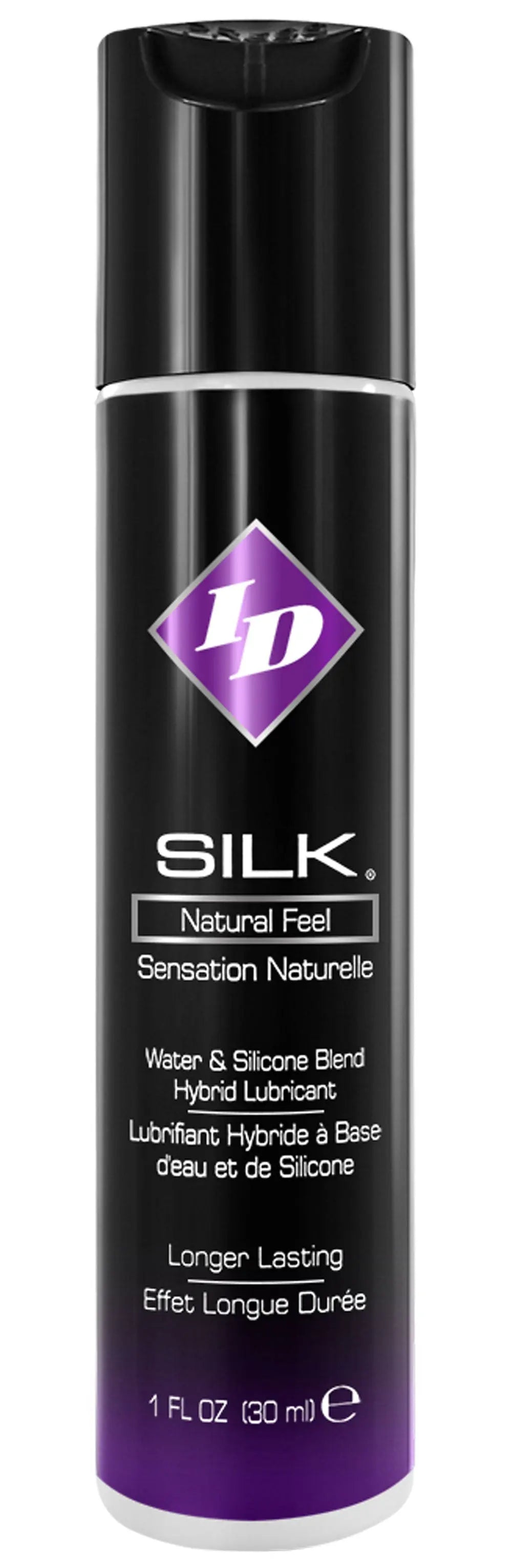 Silicone and water blend personal lubricant bottle, black with purple Silk label, 1 oz