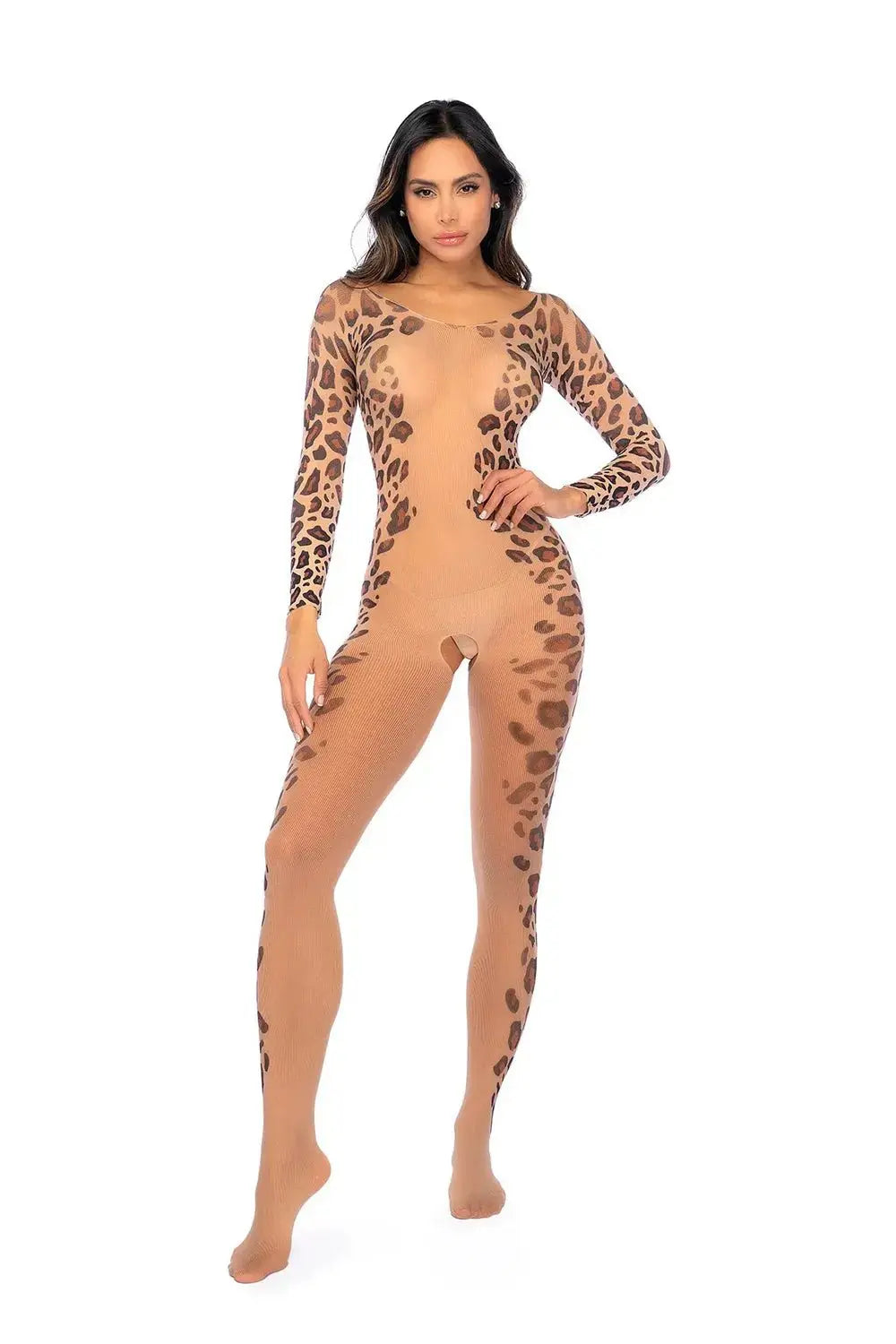 Long Print Sleeve Leopard Mesh Bodystocking - Os - Leopard Print – body-safe materials | Fu'Cha Exotics