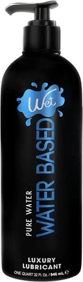 Water-based lubricant bottle with black pump and blue label