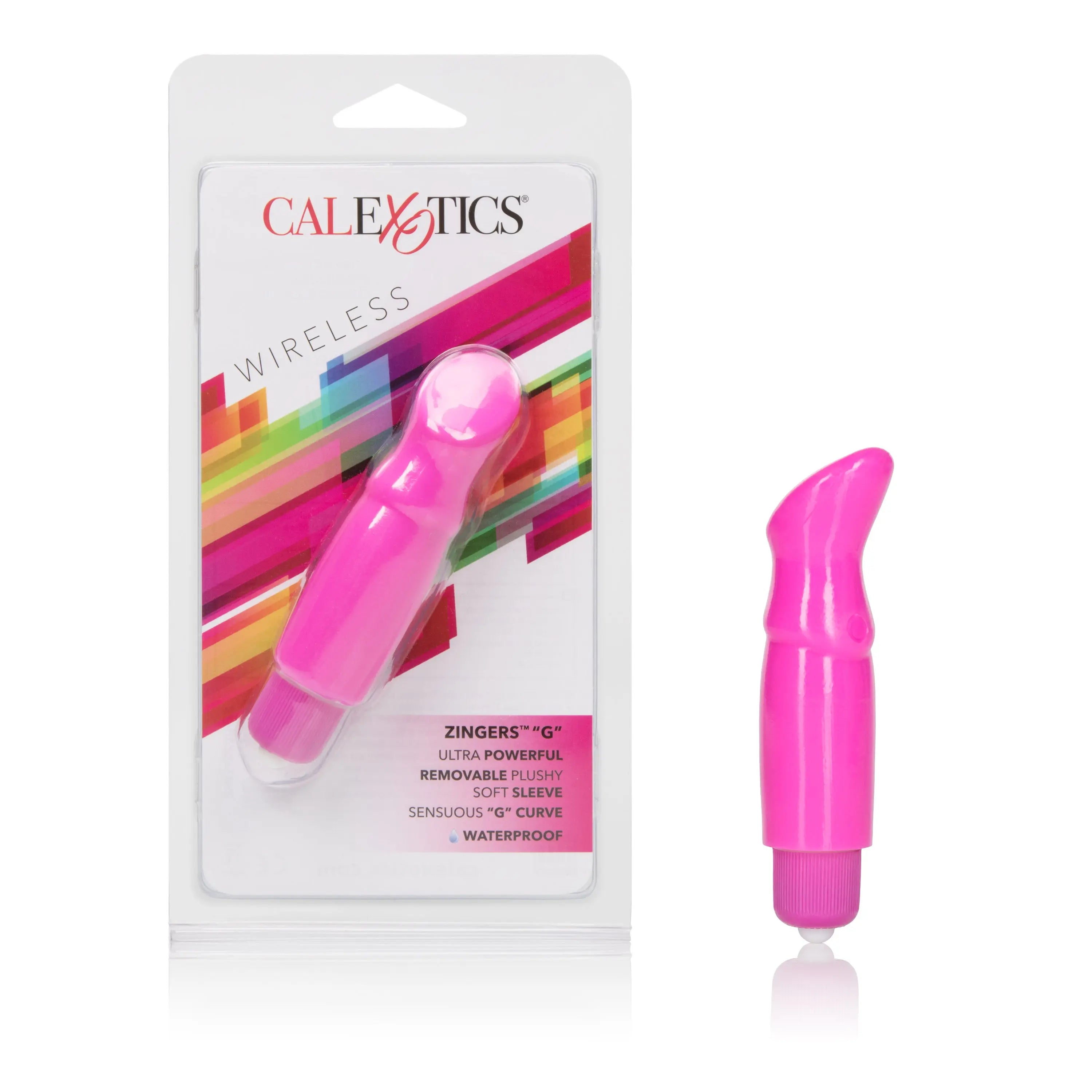 CalExotics Zingers wireless waterproof massager, pink curved handle with tip