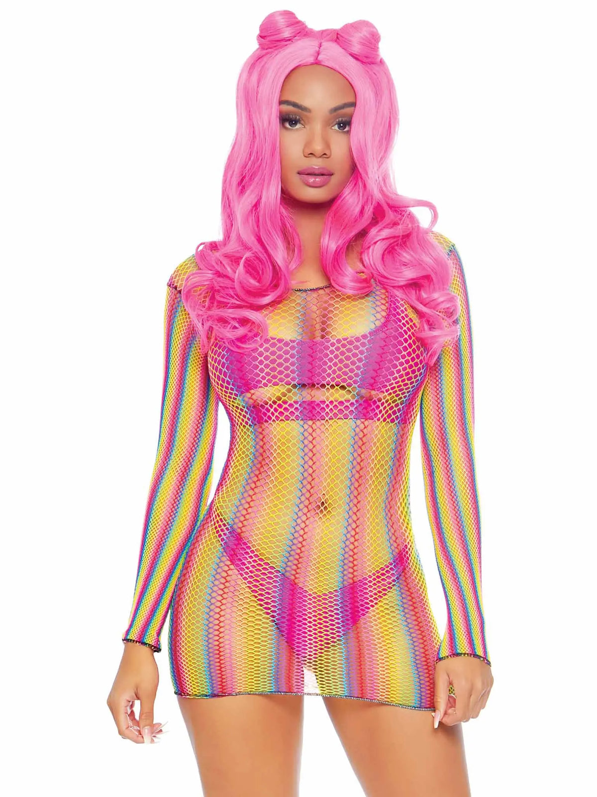 Rainbow Fishnet Long Sleeved Mini Dress - One Size - Rainbow – body-safe materials | Fu'Cha Exotics
