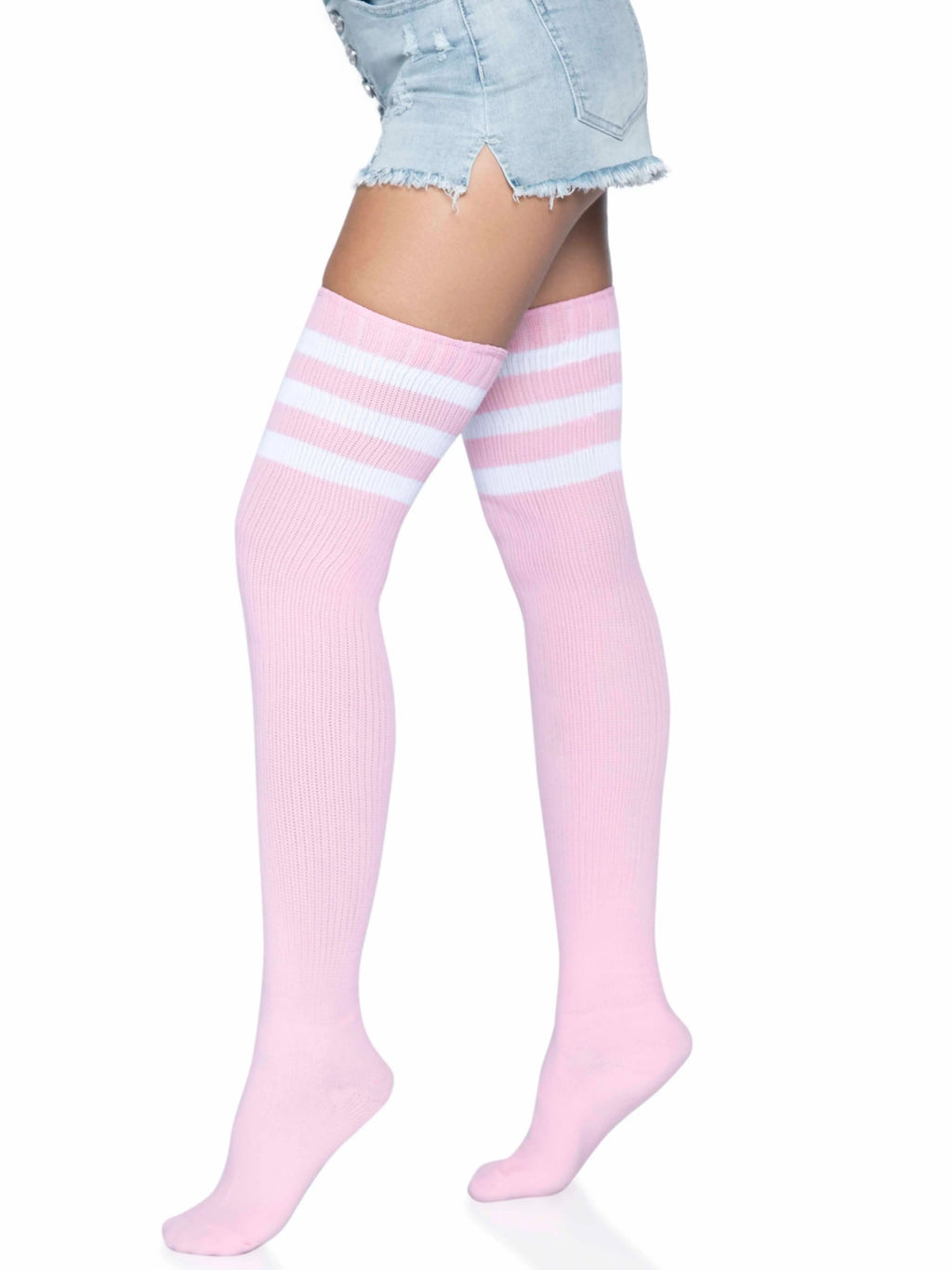 3 Stripes Athletic Ribbed Thigh Highs - One Size - Light Pink – body-safe materials | Fu'Cha Exotics