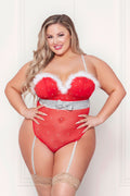 Rhinestone Studded Mesh Teddy With Marabou Trim - 1x/2x - Red