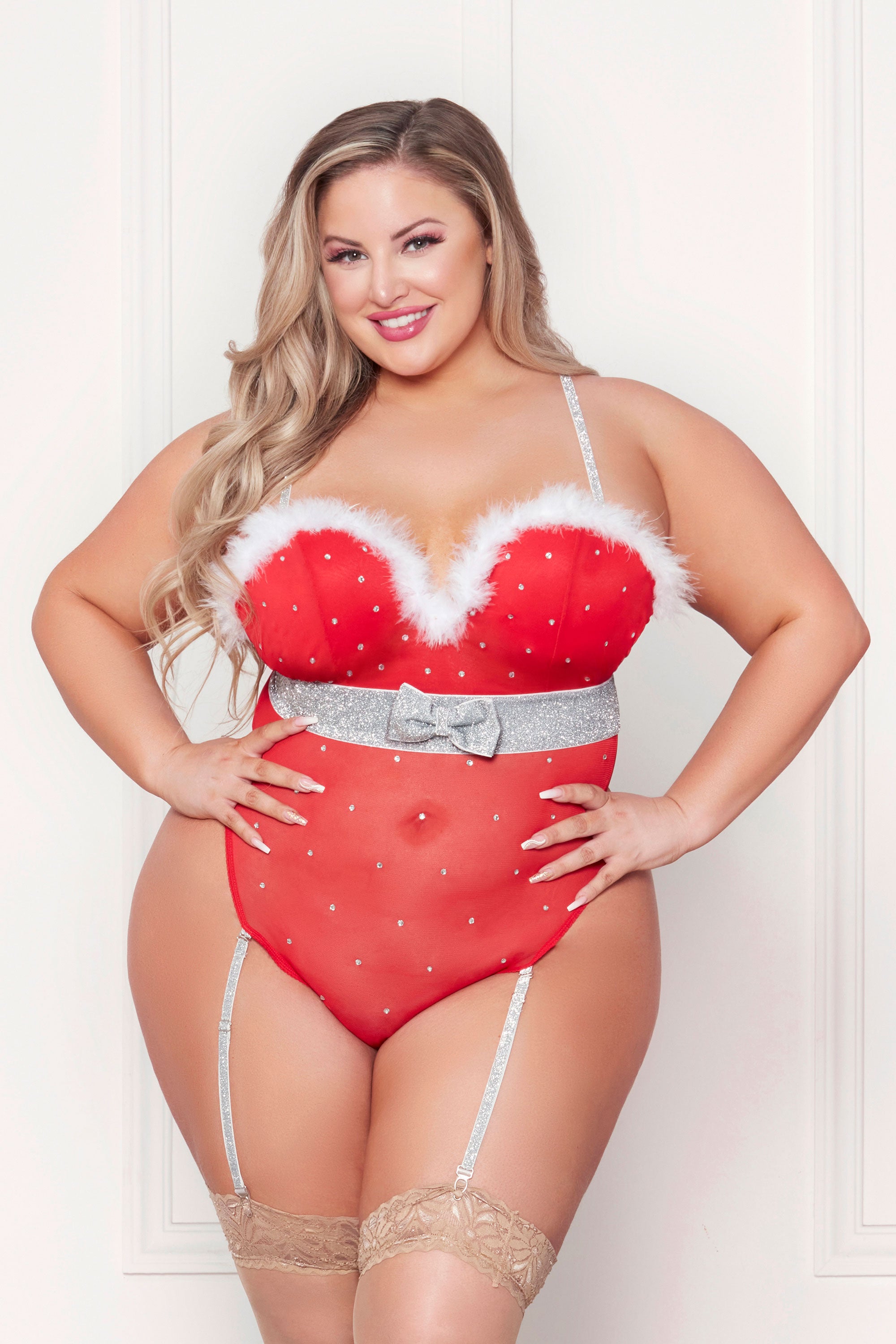 Rhinestone Studded Mesh Teddy With Marabou Trim - 1x/2x - Red