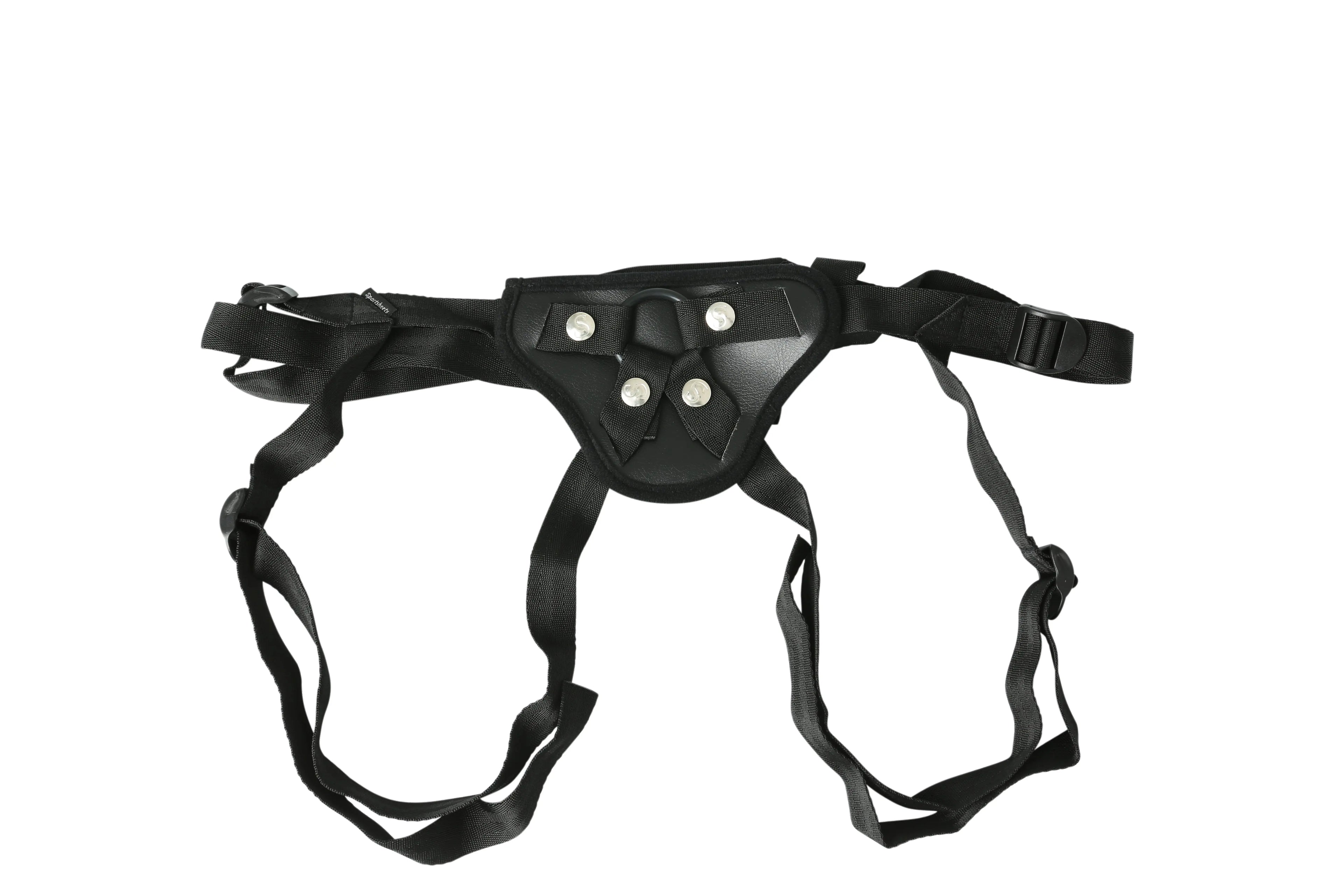Black strap-on harness with multiple adjustable straps and front panel