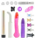 Waterproof pleasure toy set with pink and purple dildos and small accessories