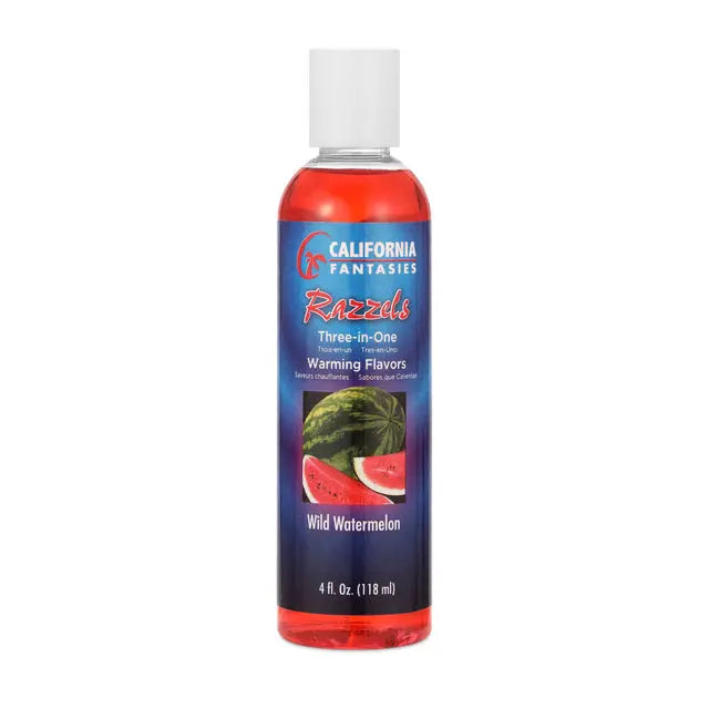 Warming lubricant bottle with red cap; blue label with Wild Watermelon graphics