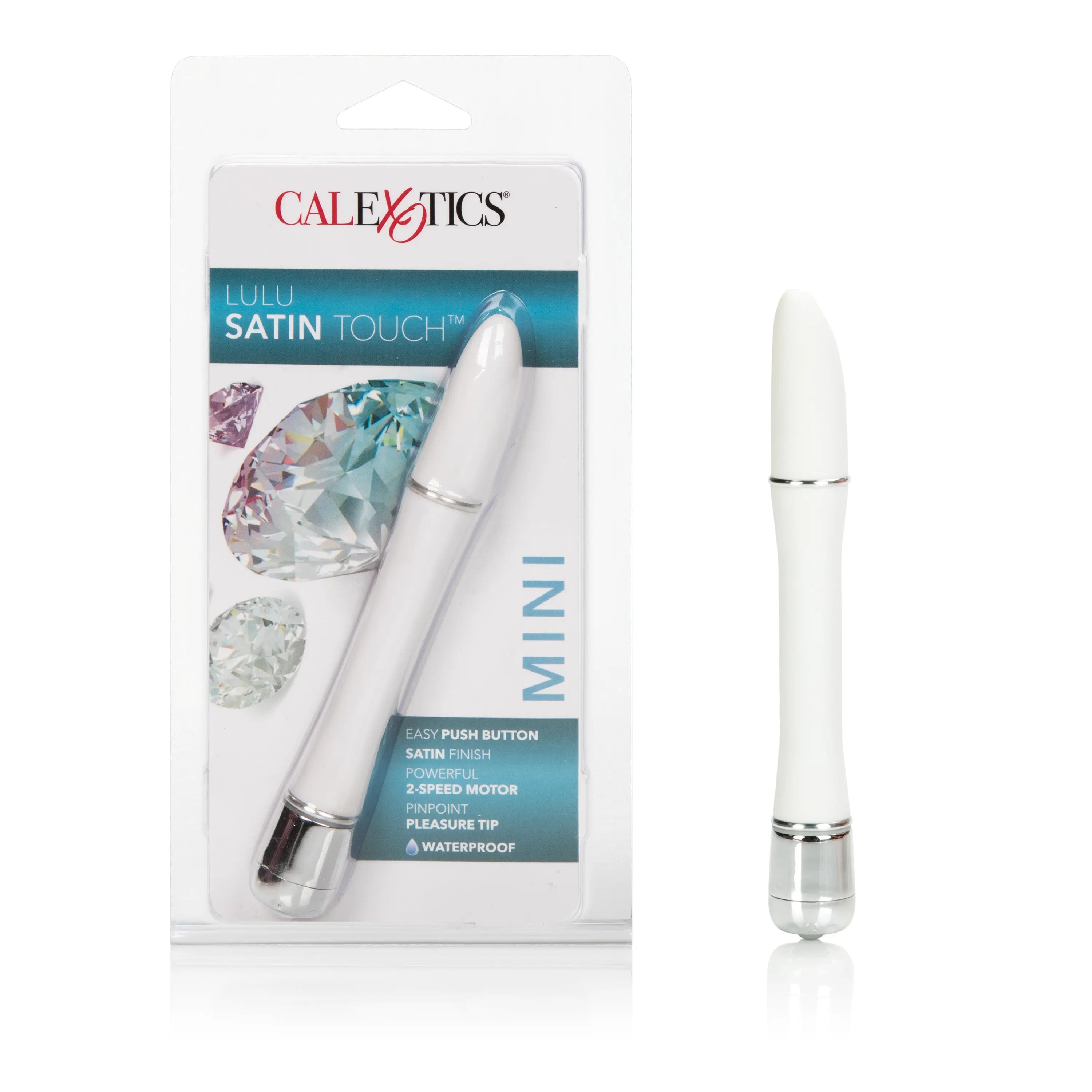 White mini vibrator with satin-finish handle and chrome accent ring