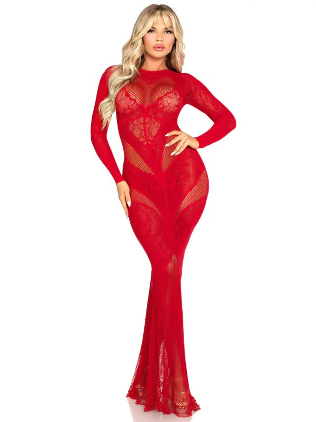 Red Lace and Net Body Con Gown - With Heart Keyhole Detail - Os – nylon | Fu'Cha Exotics