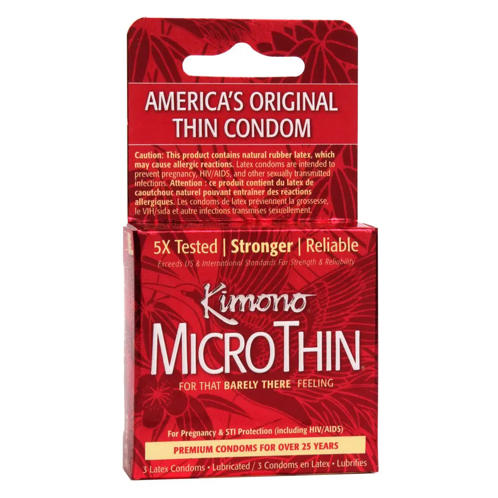 Red Kimono MicroThin Ultra Thin condom 3-pack box with brand lettering