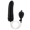 Black inflatable butt plug with tube and bulb probe, rounded base and tapered tip.
