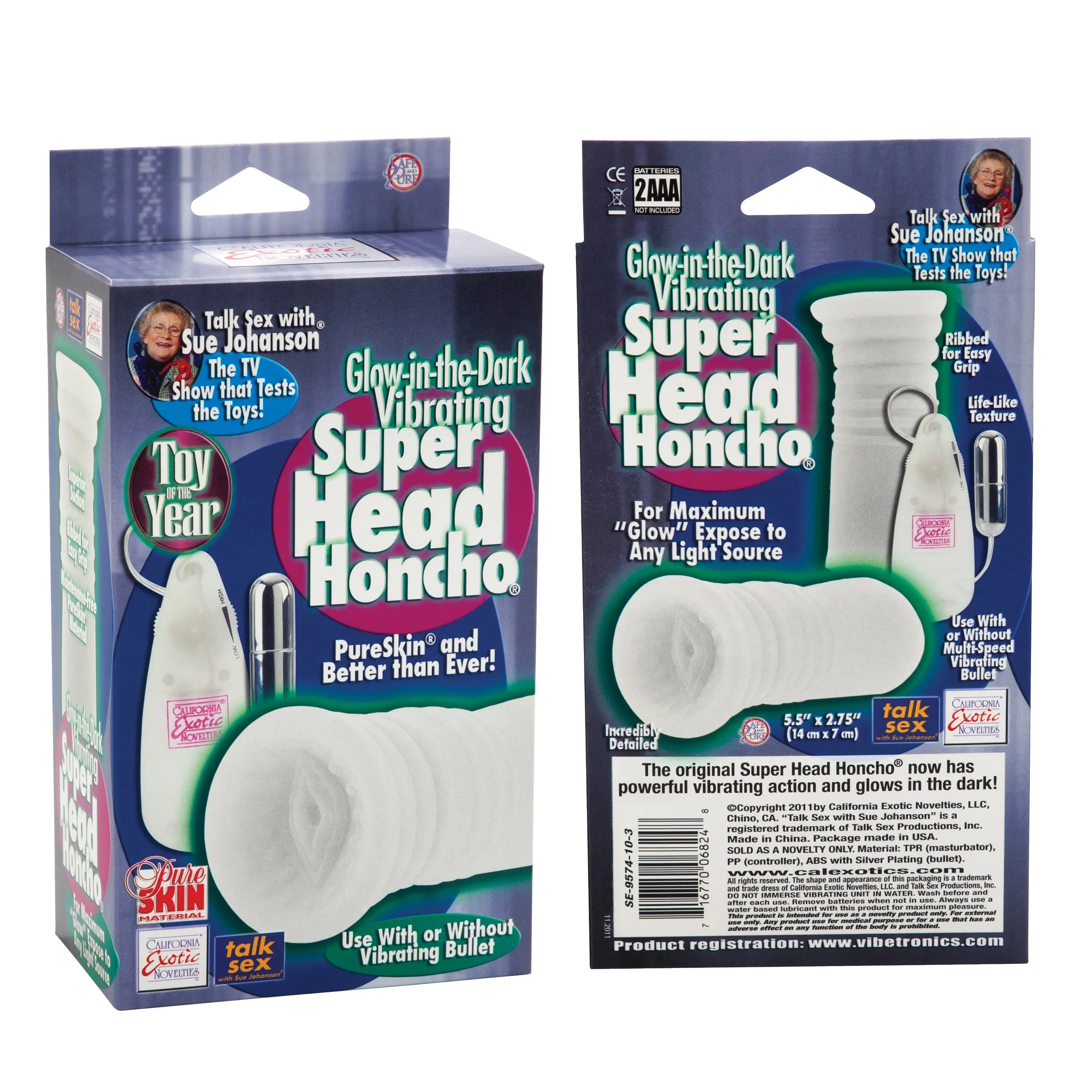Glow-in-the-dark vibrating head honcho toy in white packaging box