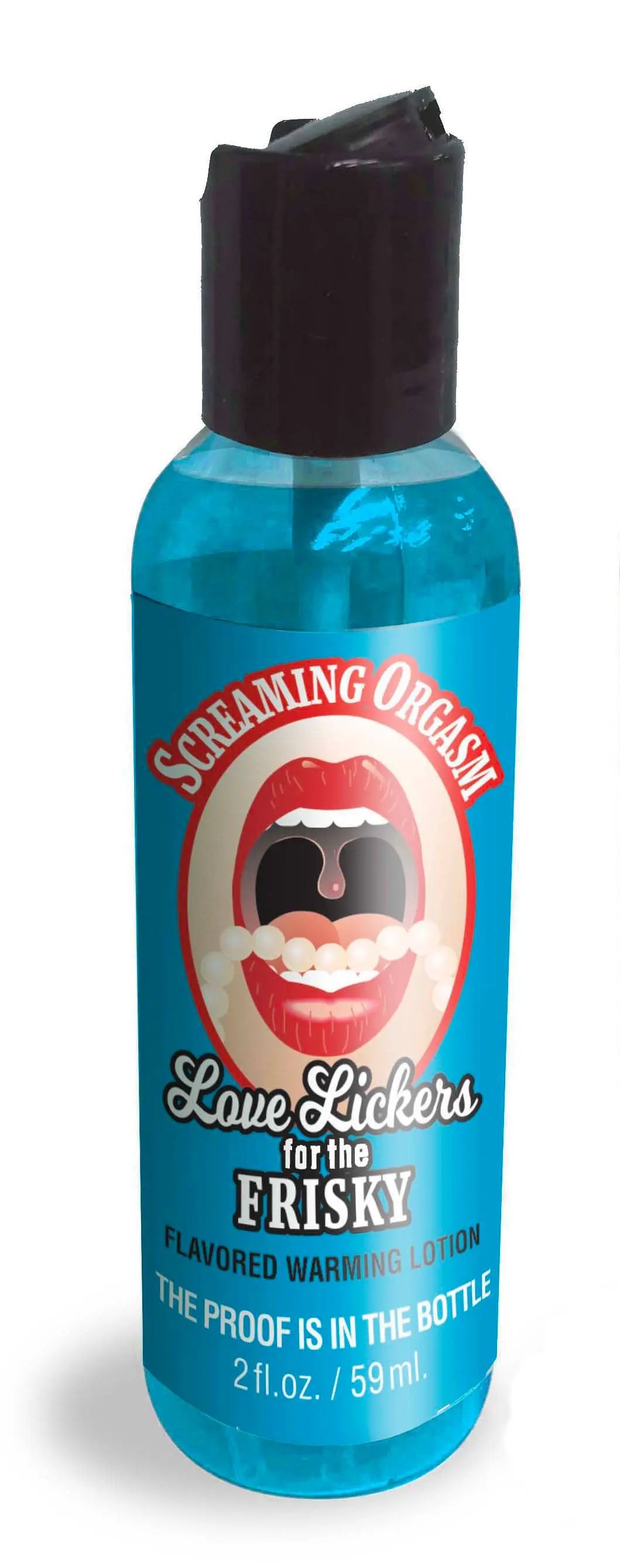 Love Lickers massage oil bottle, teal with Screaming Orgasm label and flip-top cap