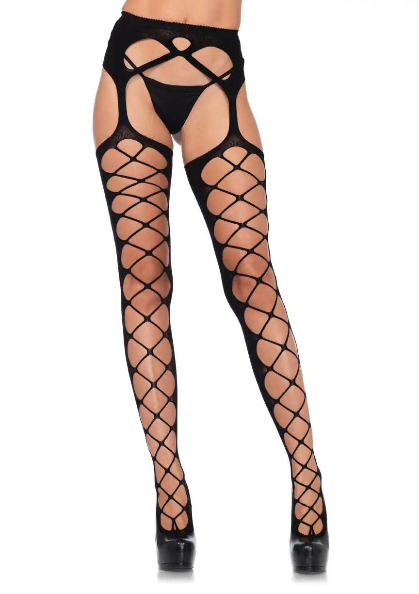 Diamond Net Opaque Stockings with Attached Garter - Black - One Size – nylon | Fu'Cha Exotics