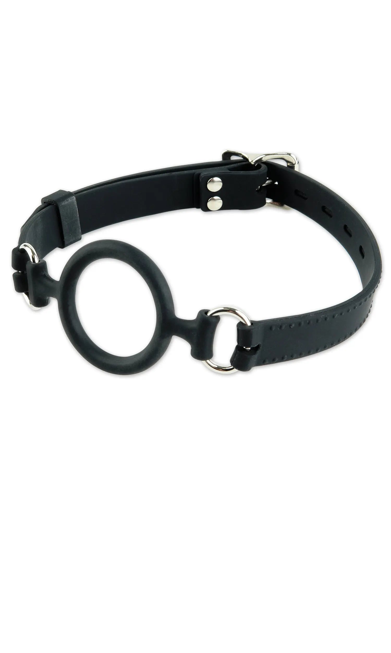 Black silicone O-ring gag with adjustable leather strap
