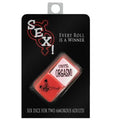 Sex dice novelty game in black-and-red blister card with red dice graphic and text