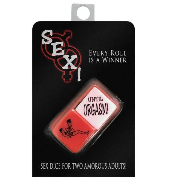 Sex dice novelty game in black-and-red blister card with red dice graphic and text