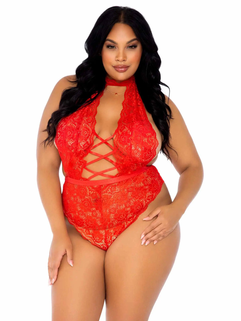 Floral Lace Crotchless Teddy - 1x/2x - Red – body-safe materials | Fu'Cha Exotics