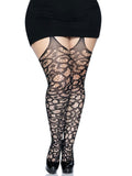 Scroll Lace Stocking With Attached Garter Belt - 1x/2x - Black