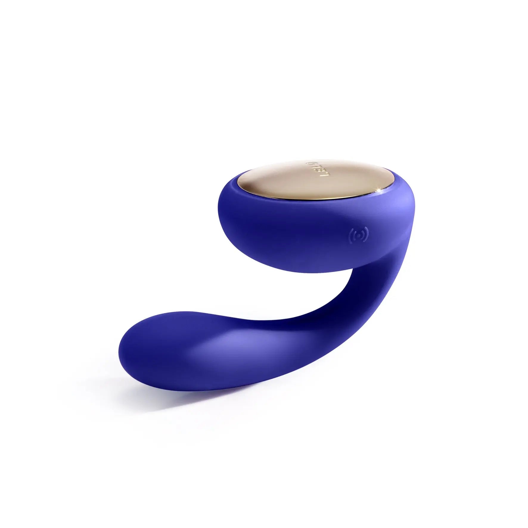 Midnight blue curved handheld massager with rounded ends and smooth finish
