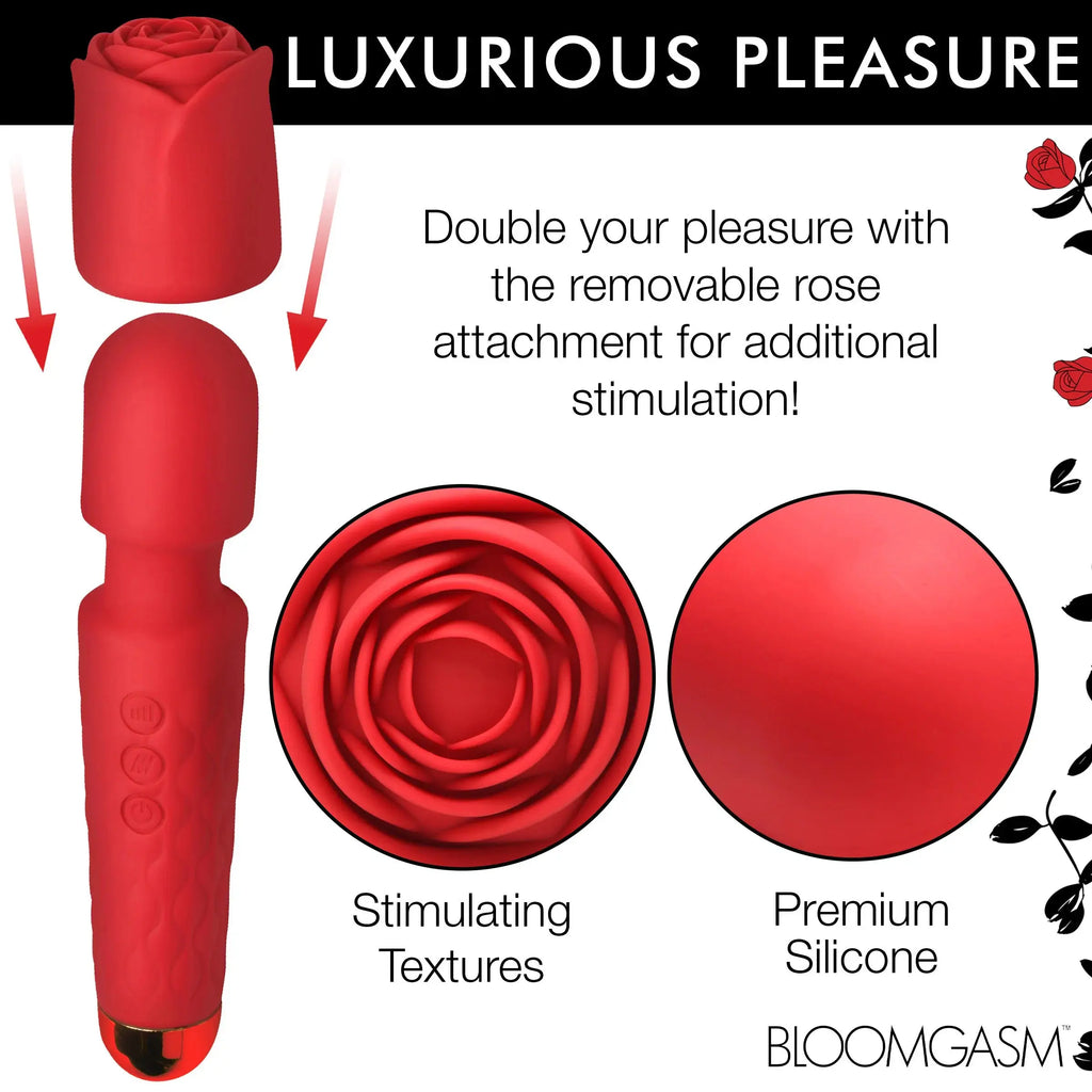 Pleasure Rose 10x Silicone Wand With Rose Attachment - Red – body-safe materials | Fu'Cha Exotics