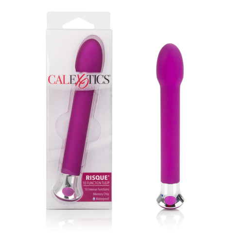 Purple 10-function tulip-shaped vibrator with base, shown with retail box packaging