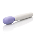 Massage wand with lavender oval head and white cylindrical handle.