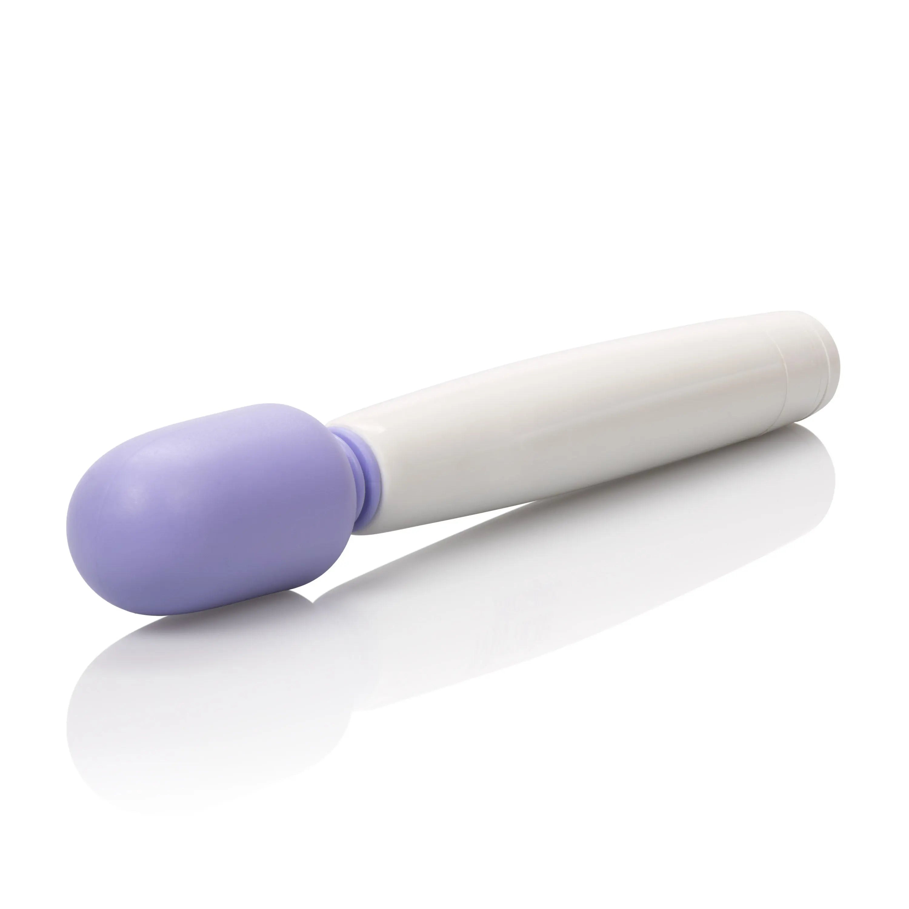 Massage wand with lavender oval head and white cylindrical handle.