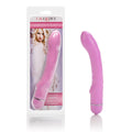 Pink curved waterproof sex toy with smooth silicone body and silver base tip