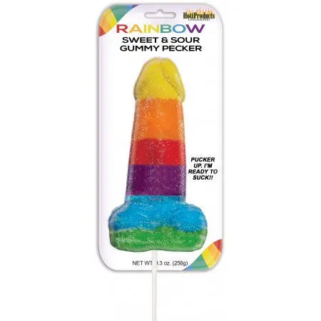 Rainbow gummy candy shaped like a pecker, in blister pack
