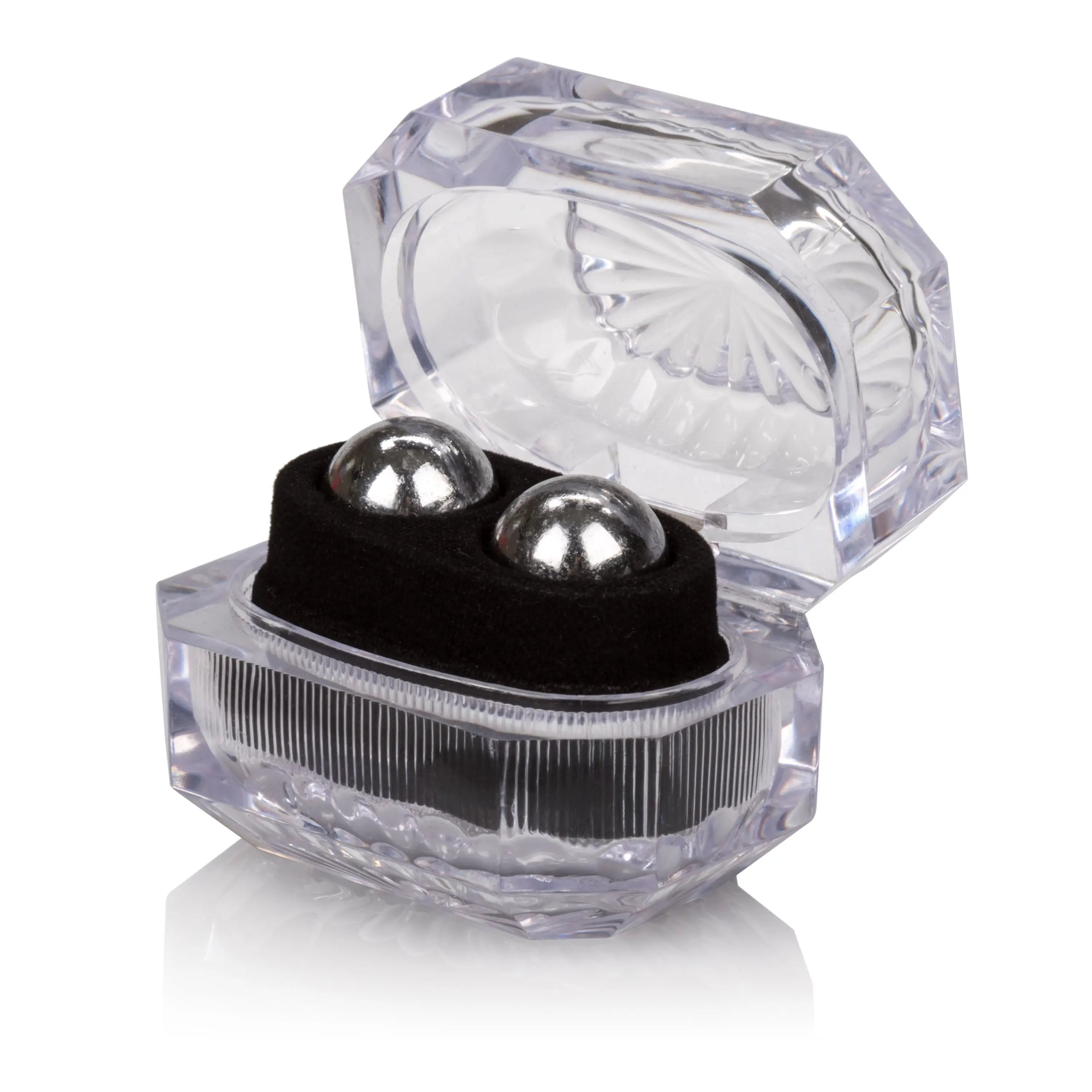 Silver balls in clear presentation box with two shiny balls on black velvet