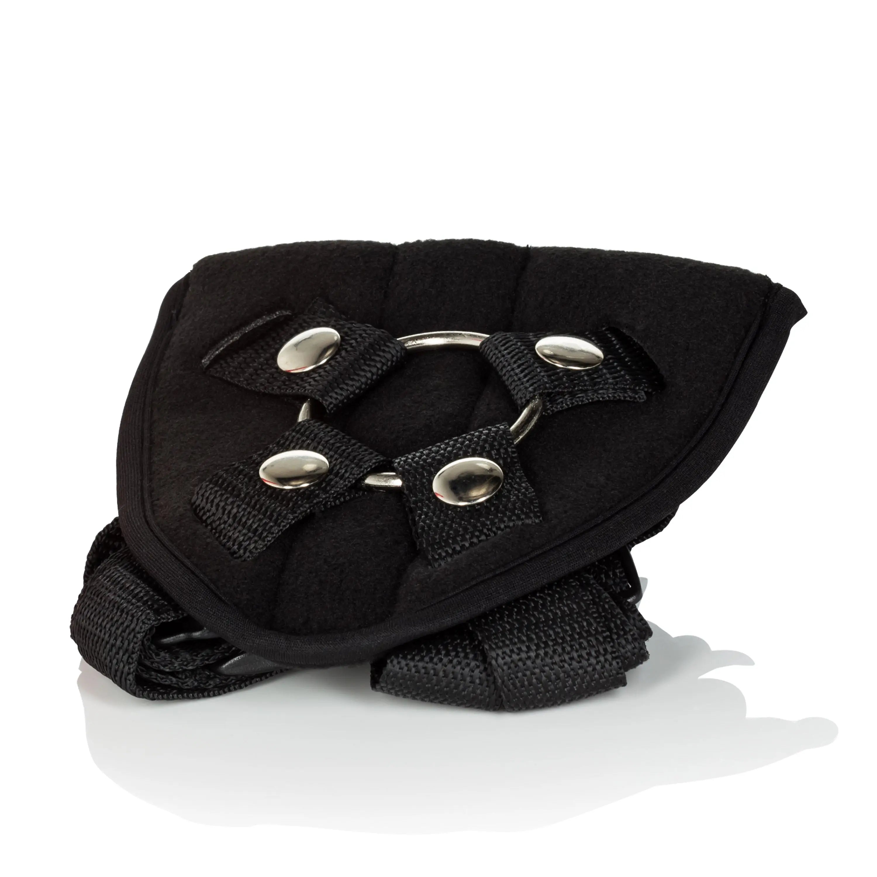 Black universal harness with adjustable straps and oval metal buckles
