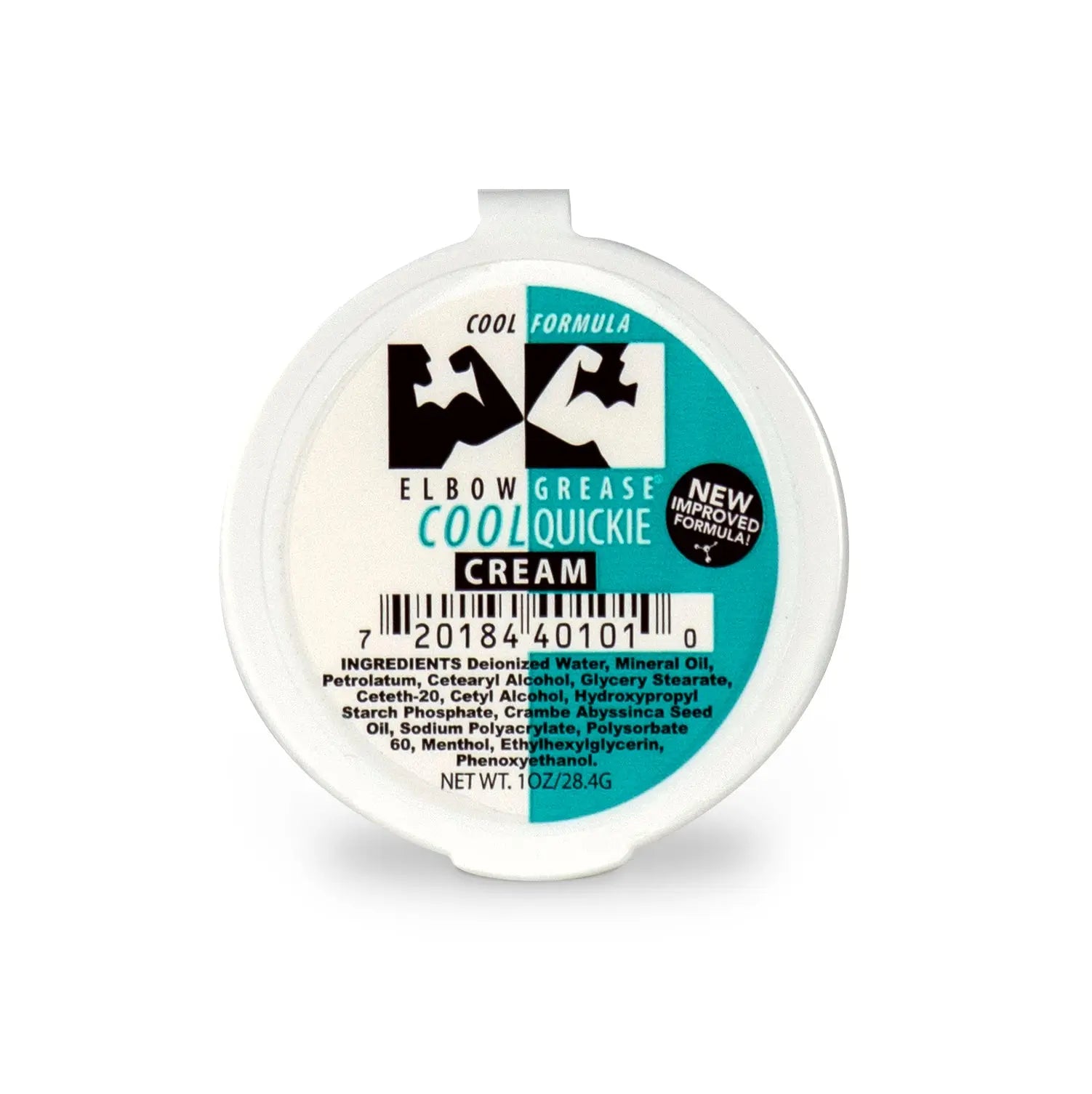 Elbow Grease Cool Quickie cream in circular jar lid, white and teal label, 1 oz.