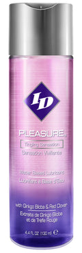 Fragrance bottle with silver cap and purple liquid, ID Pleasure label, 4.4 fl oz