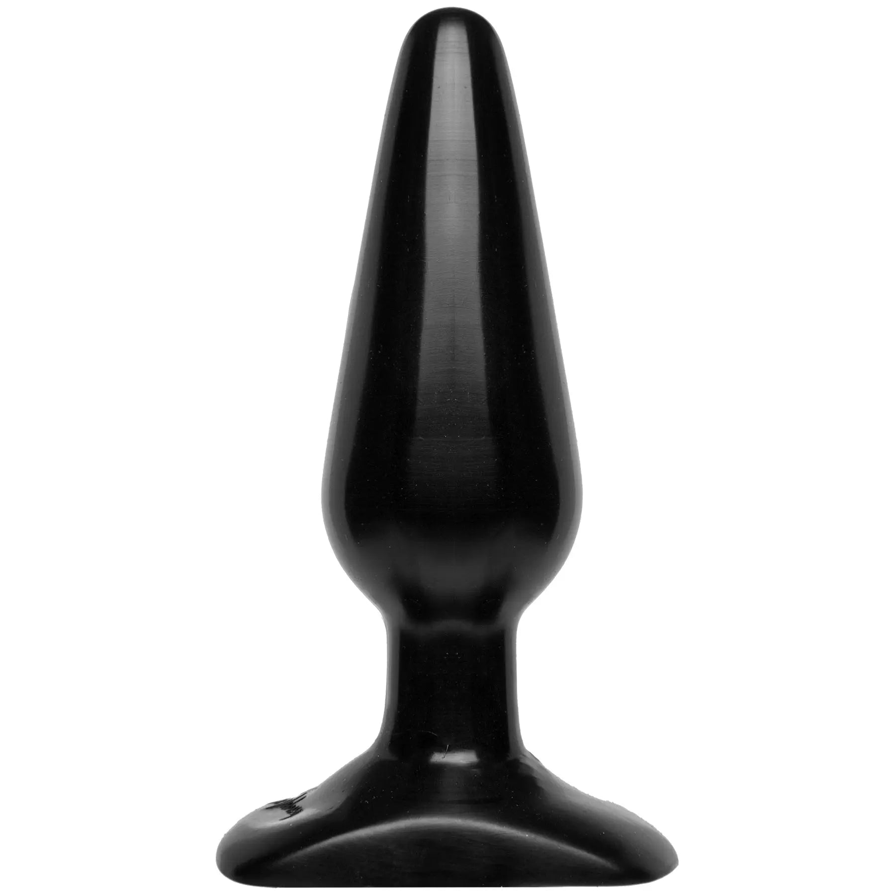 Smooth medium black butt plug with tapered tip and flared base