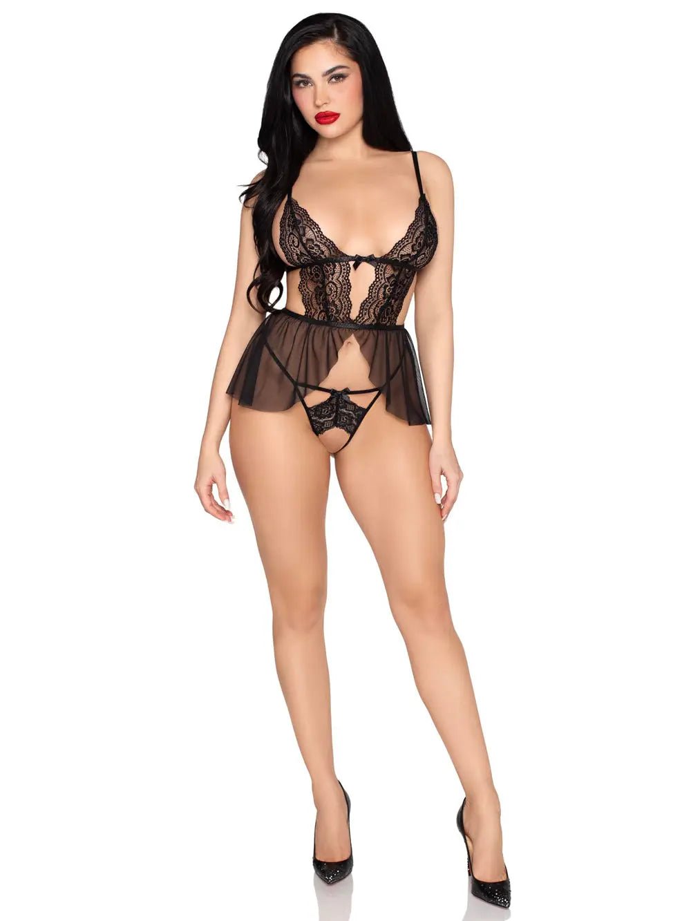 2 Pc Scalloped Lace and Mesh Babydoll and Matching Crotchless Panty - Medium - Black – nylon | Fu'Cha Exotics