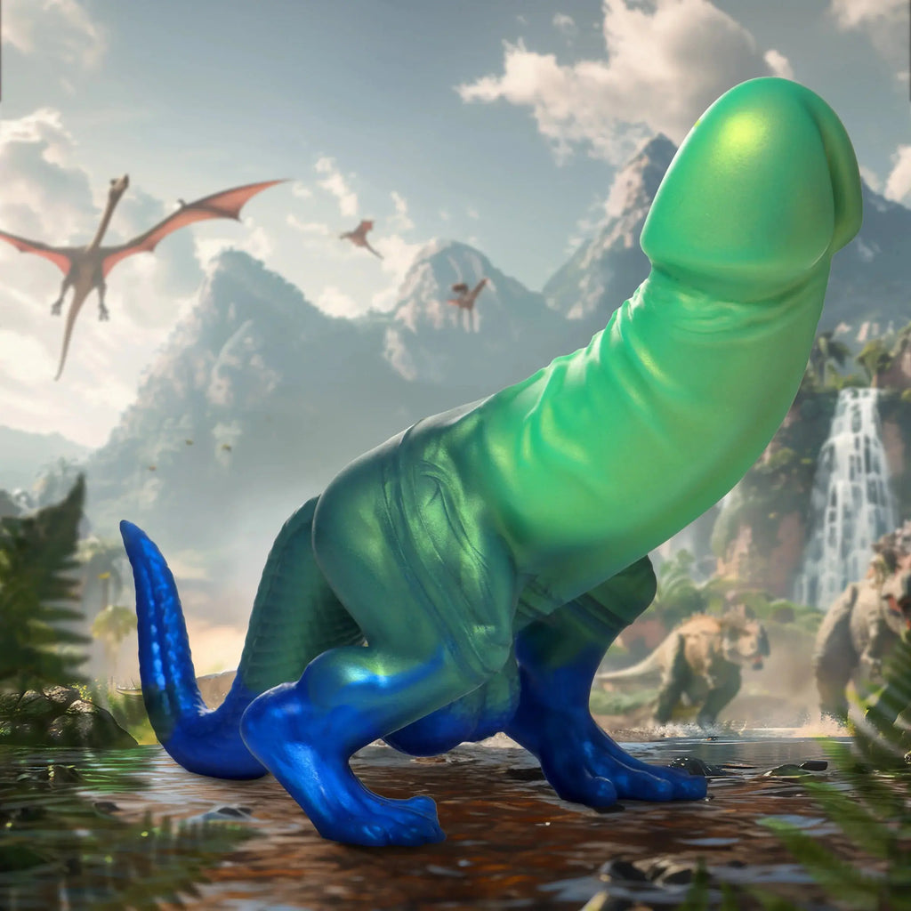 Jurassic Cock Dinosaur Silicone Dildo - Green/blue – body-safe materials | Fu'Cha Exotics