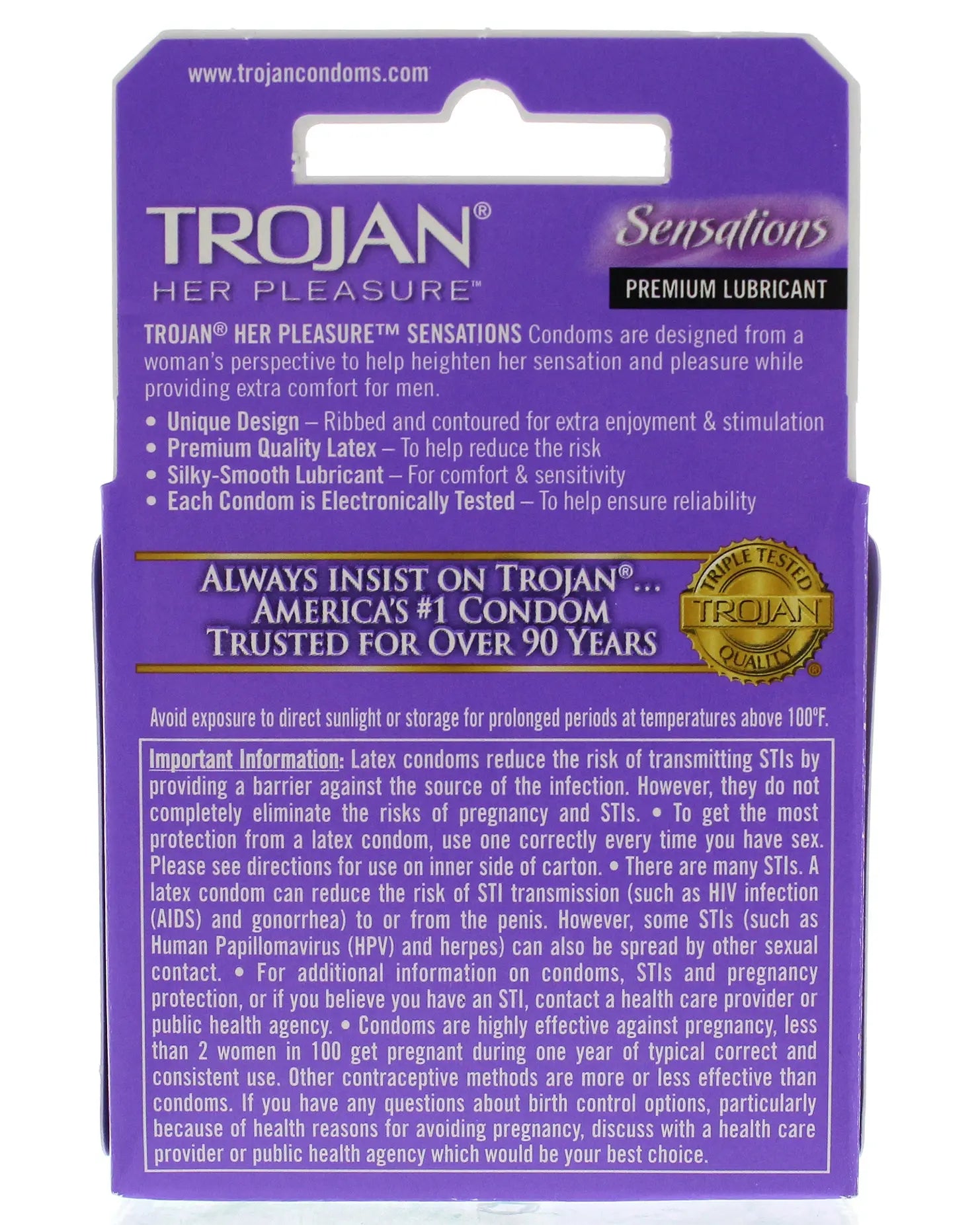 Purple Trojan Sensations lubricated condom box, 3-pack, sealed packaging