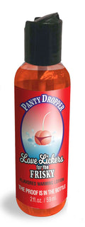 Massage oil bottle with black cap and orange label reading Panty Dropper Frisky.